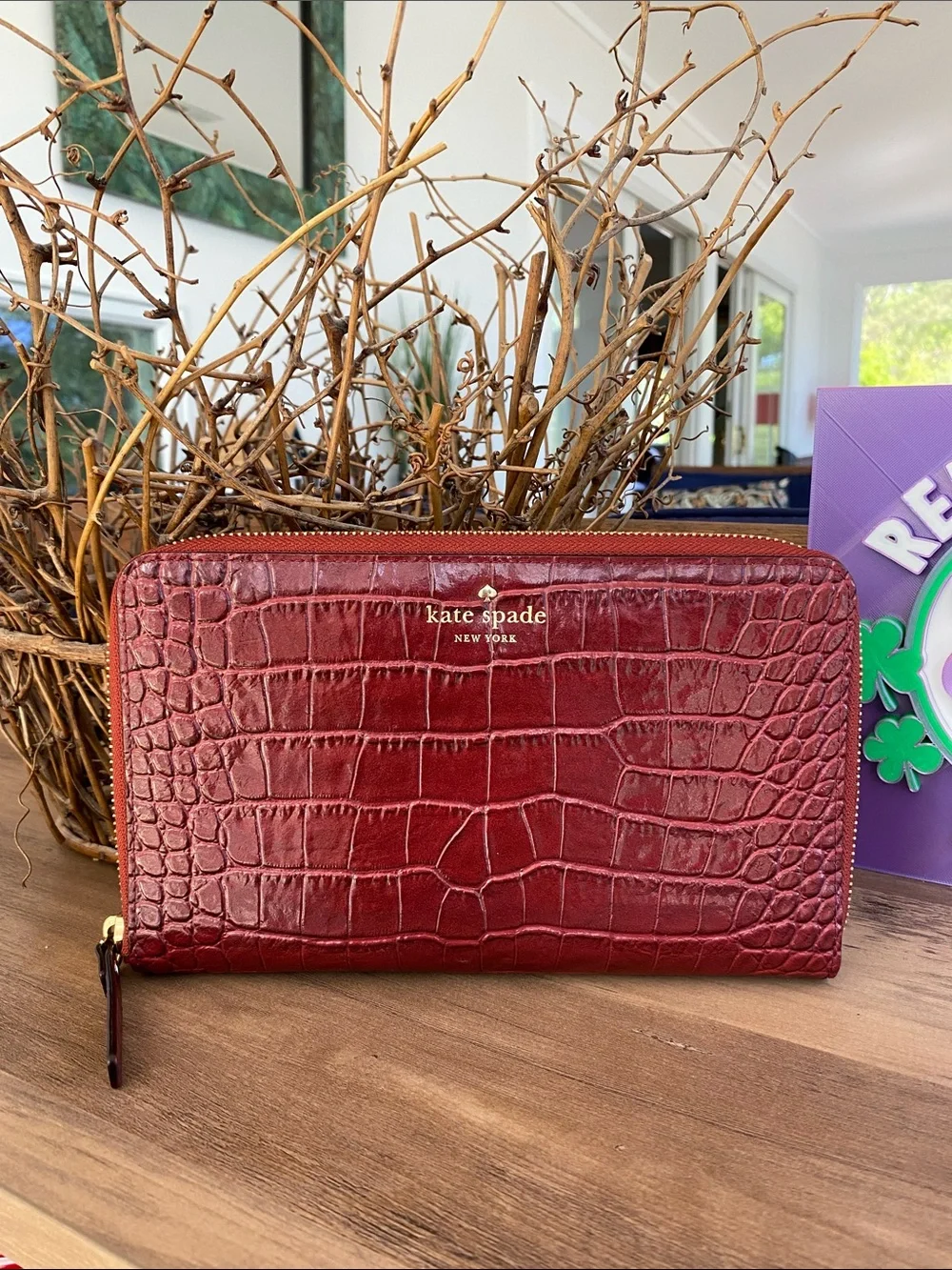 kate spade Croc-Embossed Travel Wallet in Deep Wine Red